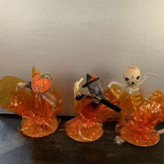 3 Vintage Halloween Pipe Cleaner Witch Skeleton Pumpkin Decorative Figurines
