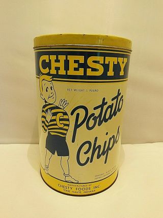 Vintage 1 Lb.  Size Chesty Potatoe Chips Tin Can Terre Haute Ind.  Great Graphics