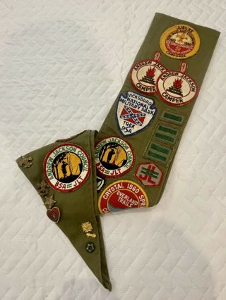 Vintage Boy Scout Merit Badge Sash 1960s,  35 Patches,  6 Pins