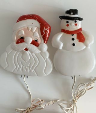 Vintage Noma Christmas Window Lights Snowman And Santa 2 Sided Blow Molds 1990’s