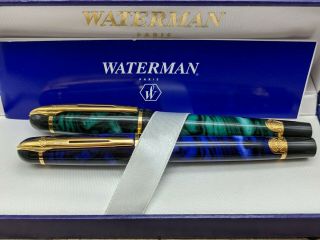 Set Of 2 Waterman Paris Fountain Pens Blue And Green Marble Goldtone Accent