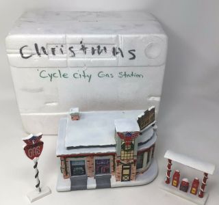Hawthorne Village Christmas " Cycle City Gas Station " Sculpture,  A1707.
