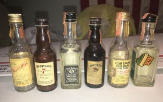 Vintage Mini Whiskey Bottles Jack Daniels Jim Beam Seagrams Hill and Hunter Echo 3