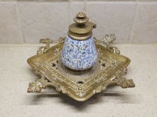 Vintage Fancy Brass With Blue And White Floral Ceramic Ink Well