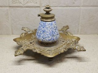 VINTAGE FANCY BRASS WITH BLUE AND WHITE FLORAL CERAMIC INK WELL 2