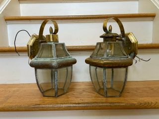 Pair Vintage Brass Outdoor Rustic Porch Wall Lanterns