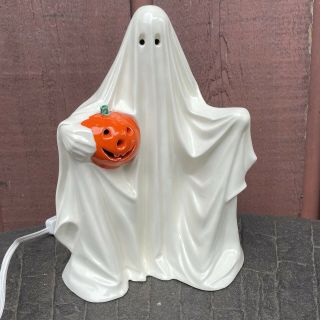 Vtg 1972 Byron Mold Ceramic Ghost With Pumpkin Halloween Decoration 9 " Lights Up