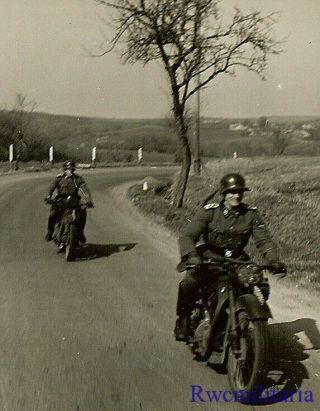 Rare Pair German Elite Waffen Kradmelder Passing W/ Motorcycles On Road