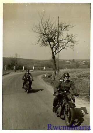 RARE Pair German Elite Waffen Kradmelder Passing w/ Motorcycles on Road 2