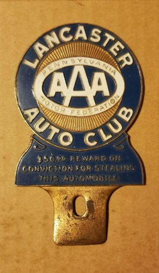 Vintage Lancaster Auto Club Old Enamel License Plate Topper Sign $50 Reward Aaa