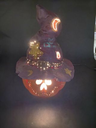 12 " Halloween Fiber Optic Pumpkin With Witch Sorcerer Hat Jack O 