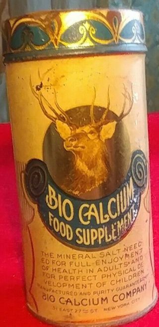 1900s.  Vintage Tin.  Great Graphic Of Deer W Antlers.  Bio Calcium.