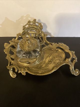 Vintage 1950’s Virginia Metalcrafters Brass Inkwell Stand,  Crystal Inkwell