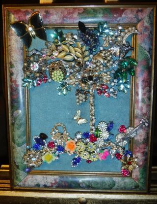 Jewelry Art Tree Of Life,  In Painted Vintage Estate Frame,  Signed By Artist