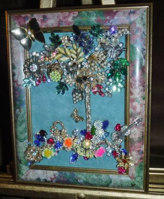 Jewelry Art Tree of Life,  in Painted Vintage Estate Frame,  signed by Artist 2