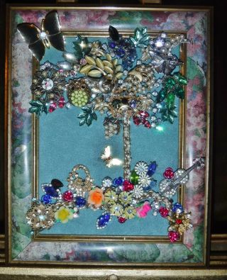 Jewelry Art Tree of Life,  in Painted Vintage Estate Frame,  signed by Artist 3