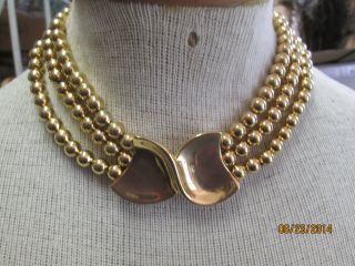 Vintage Napier Signed Gold Tone Beads 3 Strand Necklace Choker Pendant 16 Inch