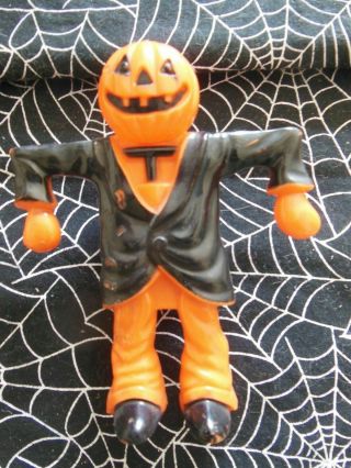 Vintage Halloween Hard Plastic Candy Container Scarecrow Pumpkin