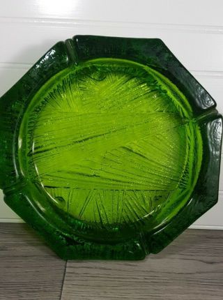 Vintage Mcm Large Heavy Green Glass Ashtray Mid Century 10” X 2 " Octagon Shape