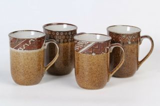 Set Of 4 Handmade Pottery Mug Coffee Cup Stoneware Speckled Brown White Vintage