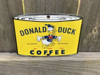 Donald Duck Coffee Die Cut Porcelain Enamel Service Station Gas Oil Sign Garage