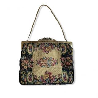 Antique Purse Small Petit Point Needlepoint Tapestry Brass Frame Clutch Handbag