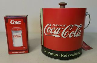 Vintage Coca - Cola Galvanized Ice Bucket 7.  5  W/ Tag & Sugar Shaker W/ Box