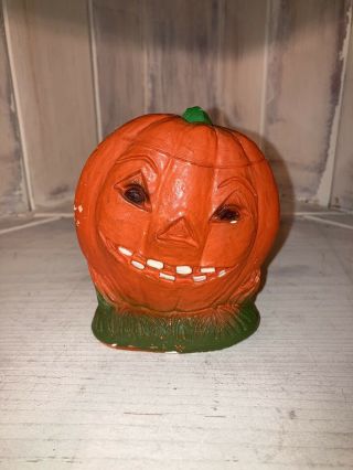 Vintage Chalkware Halloween Pumpkin Jack - O - Lantern Orange Ugly Creepy 40s Figure