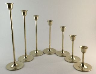 Vintage Set Of 7 Solid Brass Thin Graduated Candlestick Candle Holders Taiwan