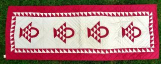 Vintage Folk Art Red & White Hand Quilted Table Runner W/ Baskets 18 1/2 " X 52 "