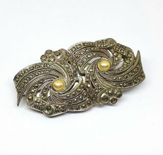 Vintage Silver Marcasite And Pearls Art Deco Double Dress Clip Optional Brooch
