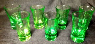 Vintage Federal Glass 3 " Uranium Green Depression Shot Glasses Set Of Seven,  Usa