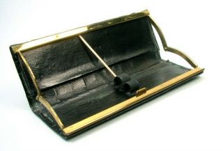 Vintage Leather Pen Case,  Black & Gold,  For 2 Pens / Pencils,  Germany,  Old