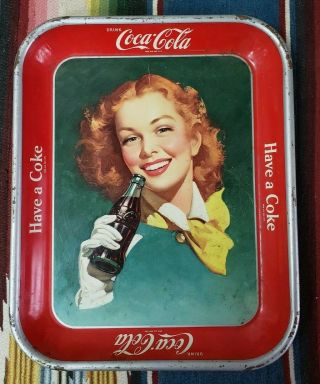 Vintage Coca - Cola Tray Redhead Girl W/ Yellow Scarf " Have A Coke " 1948 Pre - Owned