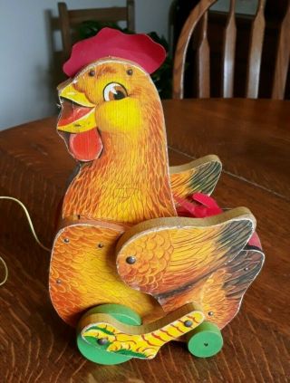 Vintage Fisher Price 123 The Cackling Hen Wooden Pull Toy