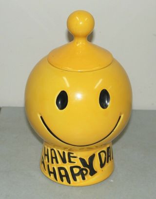 Mid Century Modern Vtg Yellow Mccoy Have A Happy Day Smiley Face Cookie Jar 235