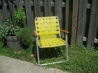 Vintage Webbed Aluminum Lawn Chair - Yellow With Wood Arms Solid