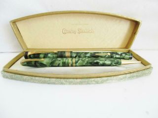 Fabulous Set Conway Stewart 388 Fountain Pen & Pencil Green Marble 14ct Nib,  Box