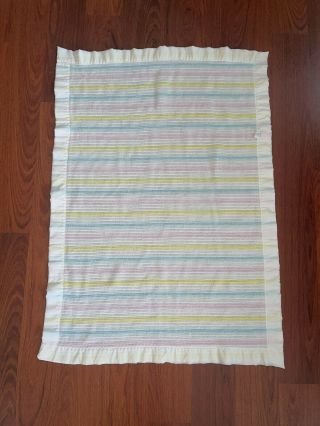 Vtg Beacon Pastel Stripes Acrylic Baby Blanket Satin Trim Wpl1675 33”x 47”