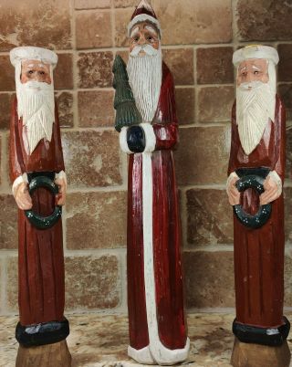 Hand Carved Painted Wood Santa Folk Art Figurine Candlestick Holders Christmas