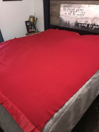 Vintage Faribo 100 Wool Blanket Red,  81”x75” Satin Trim Estate Find