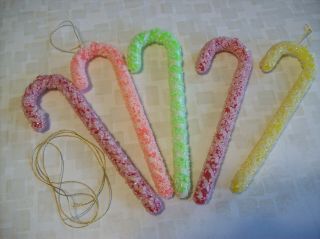 5 Vintage 50 - 60s Frosted Sugar Coated Christmas Candy Cane Ornaments Xtra Cord