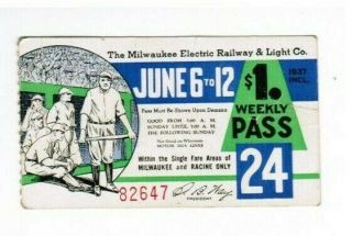 Milwaukee Railway Transit Ticket Pass June 6 - 12 1937 Baseball Game Time