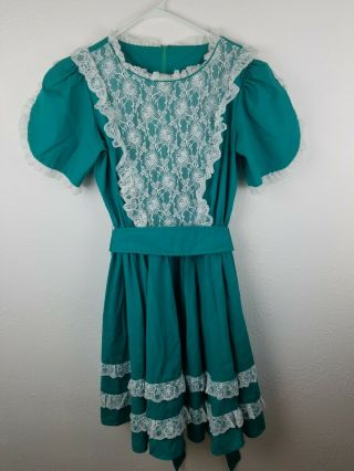 Vintage Jeri Bee Square Dance Dress Green Lace Sz14 Short Sleeves Modest A22