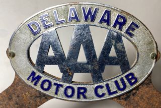 Vintage Enameled Metal Aaa Delaware Motor Club License Plate Topper With Bracket