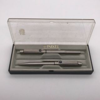 Vintage Parker 25 Fountain And Ballpoint Pen Set - Brushed Steel - Chrome Trim