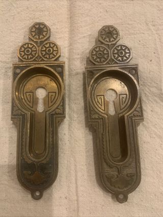 Antique Vintage Old Eastlake Bronze Pocket Door Lock Lockset Plate Pull Hardware