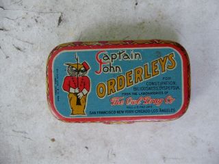 Captain John Orderlys The Owl Drug Company Medicine Empty Tin