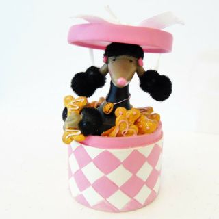 Vtg French Black Poodle Christmas Ornament Pink Hat Box Bone Treats 4 " Figurine