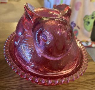 Vintage Glass Easter Bunny Rabbit Covered Candy Nut Dish.  Clear Rose Pink Color